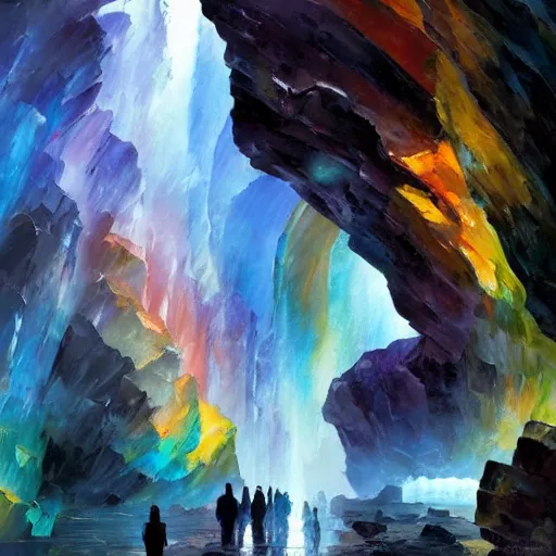 Image similar to A huge cave full of rainbow color crystals and gems on the ground, and stuck to the walls made of huge grey boulders, very dark, midnight, oil painting by Afremov and Greg Rutkowski.