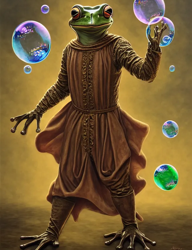 Prompt: anthropomorphic bipedal frog that is dressed as a renaissance fighter, as a matte oil painting and d & d character art, by alex grey, standing, fullbody, floating bubbles, mystic, fog, fractals, spirals, concept art, award - winning, extremely detailed, sharp focus