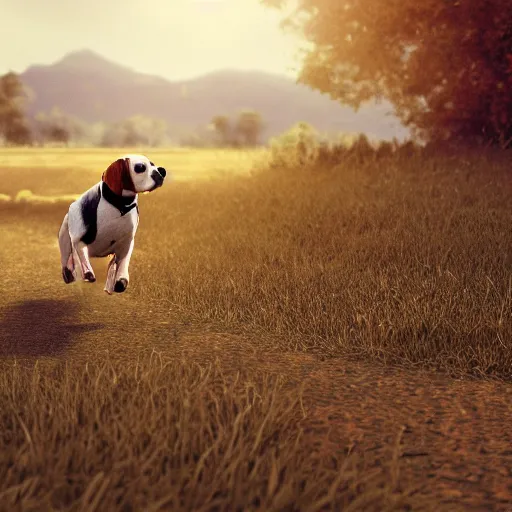 Image similar to landscape beagle running in a field . intricate artwork by art-station. octane render, cinematic, hyper realism, 8k, depth of field.