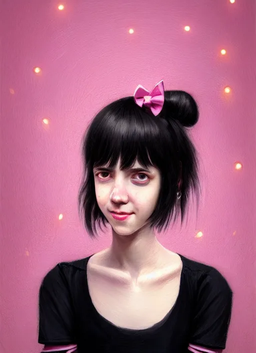 Image similar to portrait of teenage girl, realistic, black hair, bangs, half updo hairstyle, pointy nose, skinny, smile, ugly, defined jawline, big chin, pink hair bow, earrings, intricate, elegant, glowing lights, highly detailed, digital painting, artstation, sharp focus, illustration, art by wlop, mars ravelo and greg rutkowski