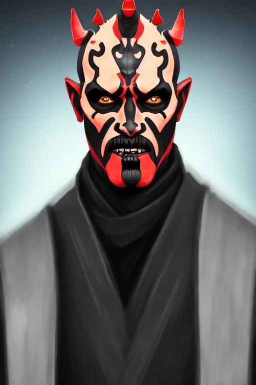 Prompt: a portrait of the darth maul from star wars, neon, cyberpunk, short beard, high - contrast, intricate, elegant, highly detailed, digital painting, artstation, concept art, smooth, sharp focus, illustration