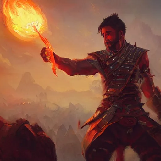 Image similar to beautiful painting of a male halfing bard, casting fireball and killing a whole village, painted by greg rutkowski