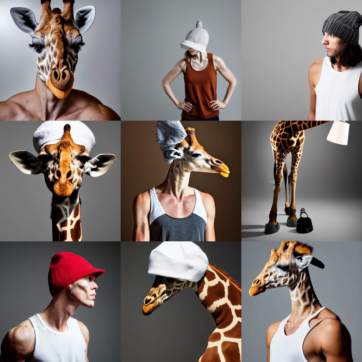 Prompt: giraffe powerifter wearing a white tank top shirt and winter hat , studio photoshoot dramatic light , very sharp detail , aggressive pose