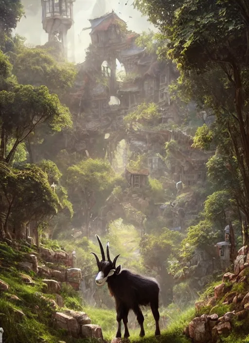 Image similar to giant goat on a fantasy village, art by artgerm and greg rutkowski, cinematic shot, intricate, ornate, photorealistic, ultra detailed, trending artstaition, realistic, 1 0 0 mm, photography, octane, high definition, depth of field, bokeh, 8 k