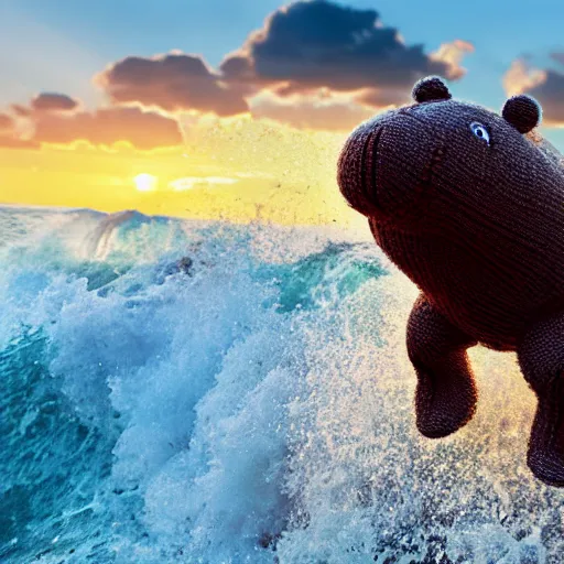 Image similar to a closeup photorealistic photograph of a smiling cute knitted tiger hippopotamus plush toy riding a large wave during sunset. surf in the background. professional capture. brightly lit scene. this 4 k hd image is trending on artstation, featured on behance, well - rendered, extra crisp, features intricate detail, epic composition and the style of unreal engine.
