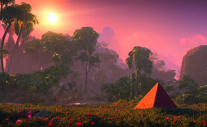 Image similar to a crystal tetrahedron!!! in the middle of ancient ruins in a lush prehistoric jungle, inside a humongous cave, red and magenta flowers, sunset, godrays, orange and blue sky, haze, volumetric lighting, a high - quality render, photorealistic, unreal engine 5