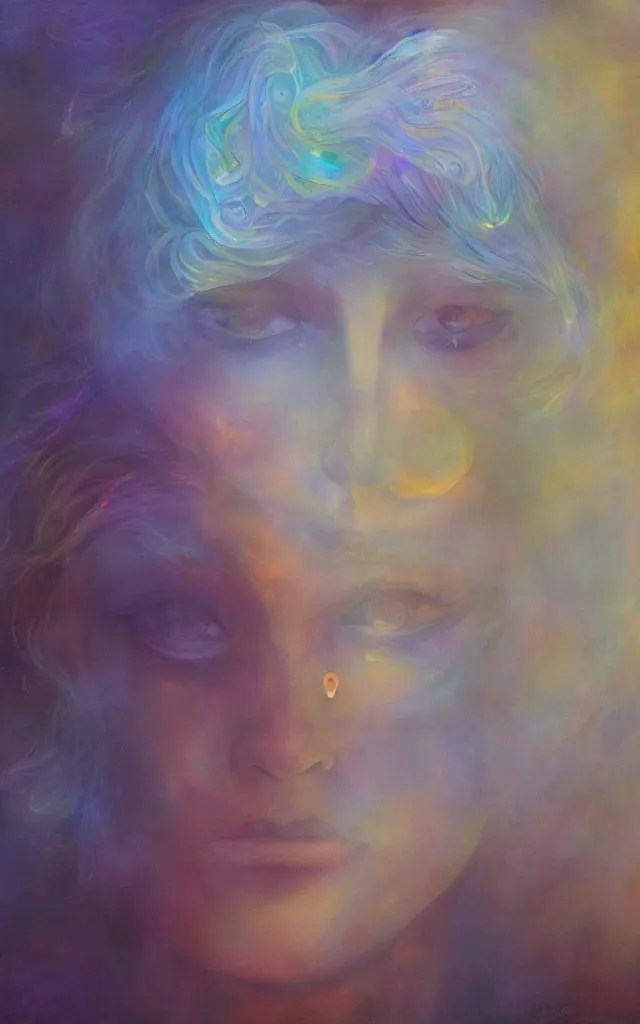 Image similar to iridescent spirit of desire and fear cruel beautiful spirit (androgynous) with golden eyes lunar mythos ambient fog, award winning oil painting, lunar color palette