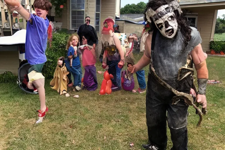 Prompt: leatherface at a kids birthday party, realistic, real life