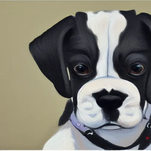 Prompt: Intricate five star puppy portrait by Pablo Picasso, oil on canvas, high detail, matte finish, high contrast, 3d depth, artstationhd