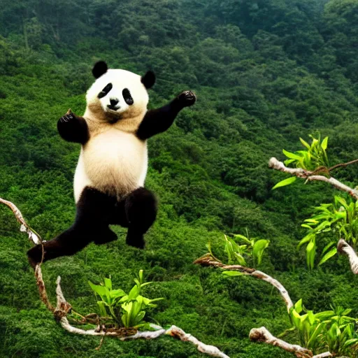 Image similar to panda practicing kung-fu on top of an apple tree, wide view of the valley, bamboos in the background, studio Ghibli style