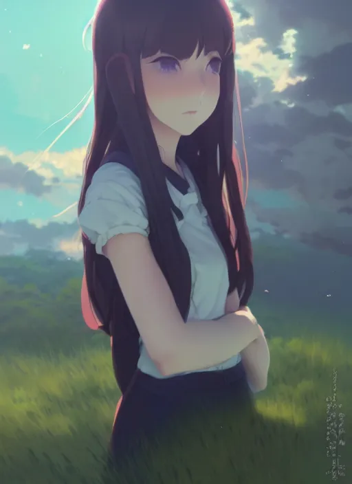 Image similar to portrait of cute catgirl, cloudy sky background lush landscape illustration concept art anime key visual trending pixiv fanbox by wlop and greg rutkowski and makoto shinkai and studio ghibli