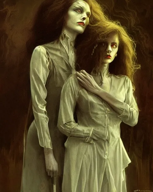 Prompt: two handsome but sinister, creepy young women in layers of fear, with haunted eyes and wild hair, 1 9 7 0 s, seventies, wallpaper, a little blood, moonlight showing injuries, delicate embellishments, painterly, offset printing technique, by john howe, brom, robert henri, walter popp