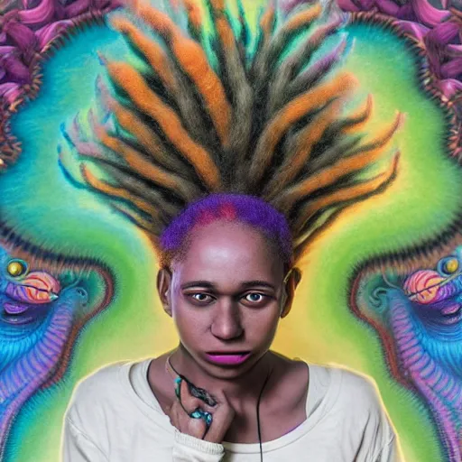 Image similar to a black girl with colorful dreadlocks in a field of candy, by Adi granov and afarin sajedi and amanda sage and evgeni gordiets and Agostino Arrivabene and adonna khare in a psychedelic portrait style, ultrarealistic matte painting, volumetric lighting, fractal, extremely symmetrical, highly detailed face, orisha, 8k, hd