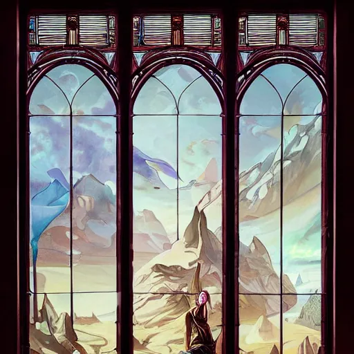 Image similar to beautiful large window with four panes, four yearseason is represented by peter mohrbacher, art nouveau, landscape, cinematic