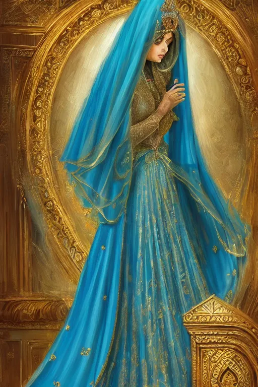 Image similar to detailed painting of a beautiful princess wearing a blue dress with veil inside the interior of an ornate Middle eastern palace by Stanely Artgerm, green eyes, gold jewellery, black hair, majestic, beauty, dramatic light, turquoise color scheme, Trending on Artstation