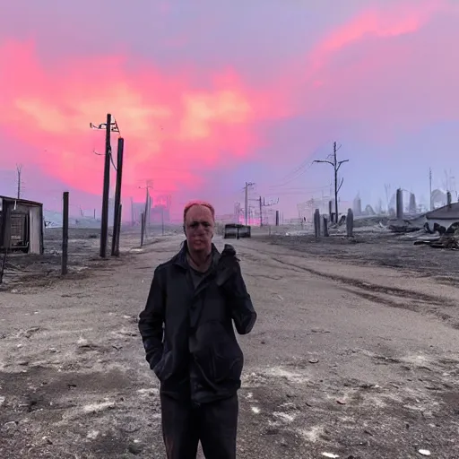 Image similar to stalker standing in front of a post apocalyptic city with burning red sky