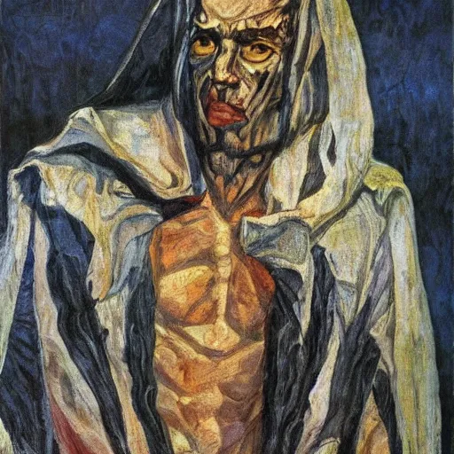 Image similar to comics sandmanin a cloak by Neil Gaiman, in style The Demon Seated, by Mikhail Vrubel, oil painting, art gallery, art museum, small details, whole-length, hyperrealism, black cloak, very detailed face, very detailed torso,