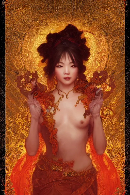 Image similar to tarot card artstation, portrait of an asian love dancer, sunrise, baroque ornamnet and rococo ornament, ancient chinese ornate, hyperdetailed, beautiful lighting, craig mullins, mucha, klimt, yoshitaka amano, red and gold and orange color palatte