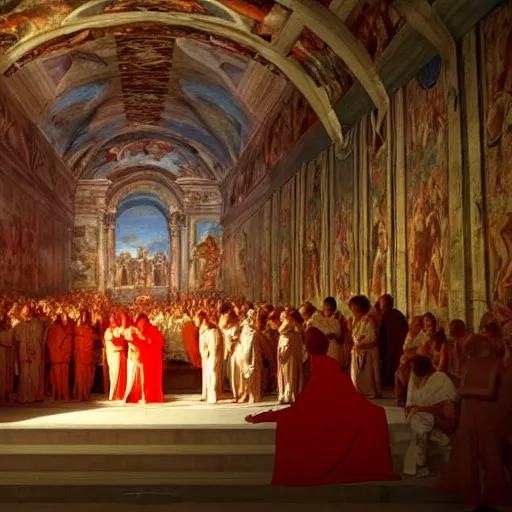 Image similar to the sistine chapel's ceiling broken open, a red portal from hell opens up, lucifer in portal with demons, priests and pope look at the scene with terror. highly detailed painting by gaston bussiere, greg rutkowski, 4 k