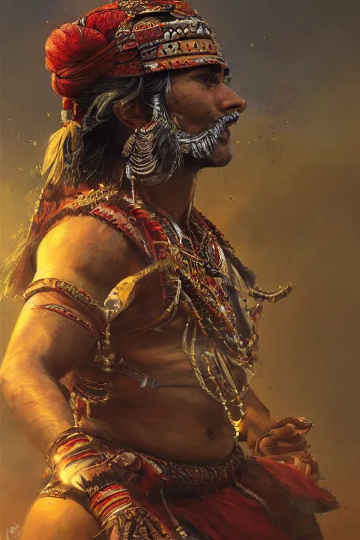 Image similar to indian warrior, close - up portrait, fierce, intricate, elegant, volumetric lighting, scenery, digital painting, highly detailed, artstation, sharp focus, illustration, concept art, ruan jia, steve mccurry