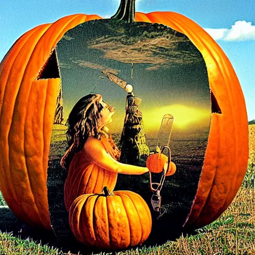 Image similar to A land art. A rip in spacetime. Did this device in her hand open a portal to another dimension or reality?! pumpkin orange by Richard Doyle, by Don Maitz sinister, ornate