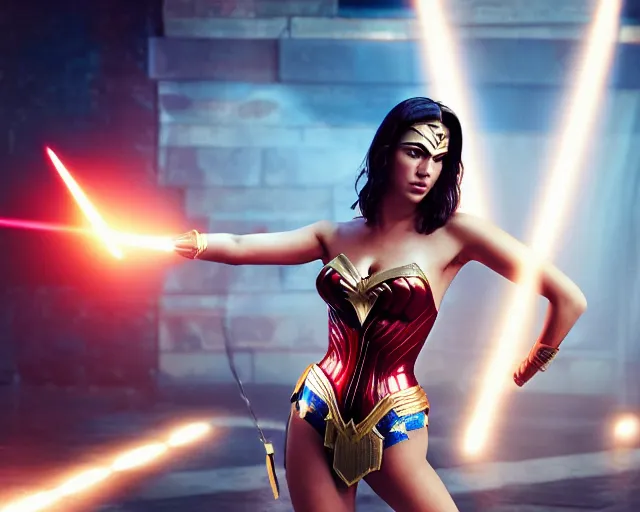 Image similar to Dua Lipa As Wonder Woman, Playboy Centerfold, Full Figure, 8K, octane render, HDR, photorealistic, volumetric lighting, Hyperrealistic-H 960