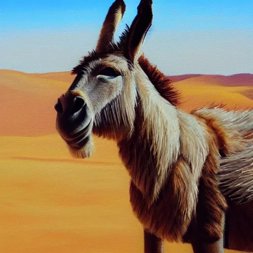 Prompt: a donkey on the desert plains, realistic painting