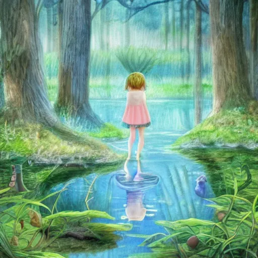 Image similar to forest child in a lake, ghibli, highly detailed faces, artwork, light, blue, fantasy