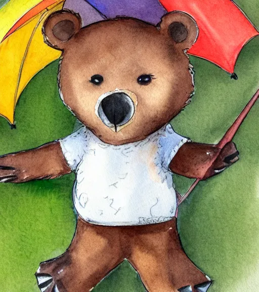 Image similar to autumn a bear with an umbrella cartoon watercolor trending on artstation