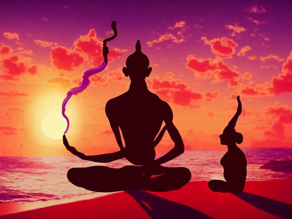 Prompt: gandhi in a yoga pose smoking a blunt on a beach sunset gloomhaven, matte painting concept art, art nouveau, beautifully backlit, swirly vibrant color lines, fantastically gaudy, aesthetic octane render, 8 k hd resolution