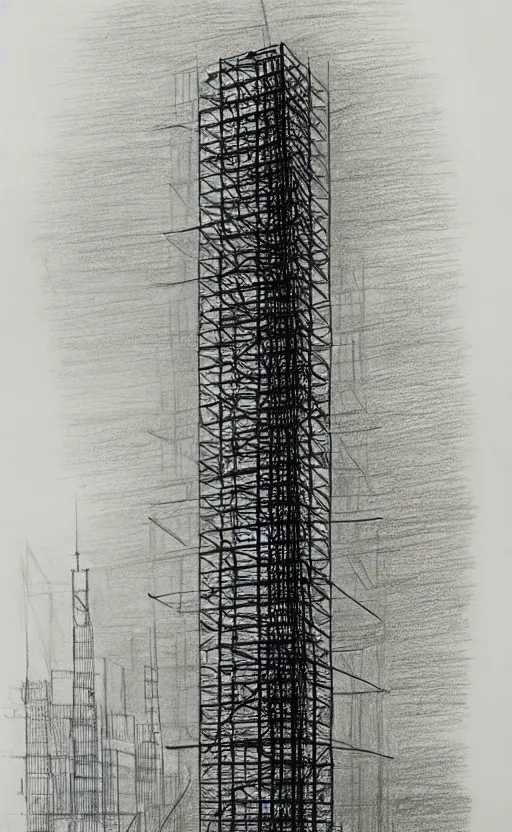 Prompt: a drawing of a tower made of ladders, drawing by hugh ferriss, realistic, on paper