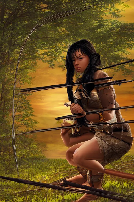 Prompt: female archer with leafy black hair crouching on sunset forest. high detail