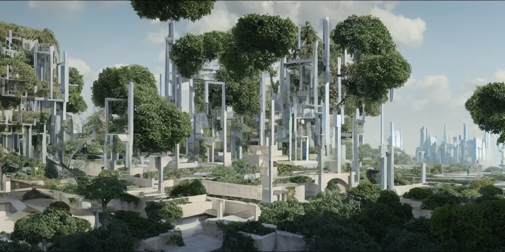 Prompt: geometric hanging garden based on the design of versailles in a megacity made of travertine brutalist temples, group of monks in blue robes wandering in the garden, large aluminum space elevators in the distance, sci-fi, blue sky with clouds, optimistic matte painting, concept art, style by syd mead, 8k, octane render