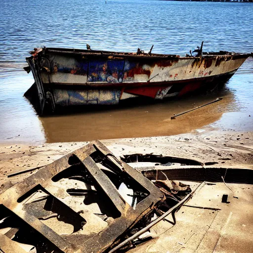 Image similar to incredibly detailed image of wrecked boat on shoreline, backlighting