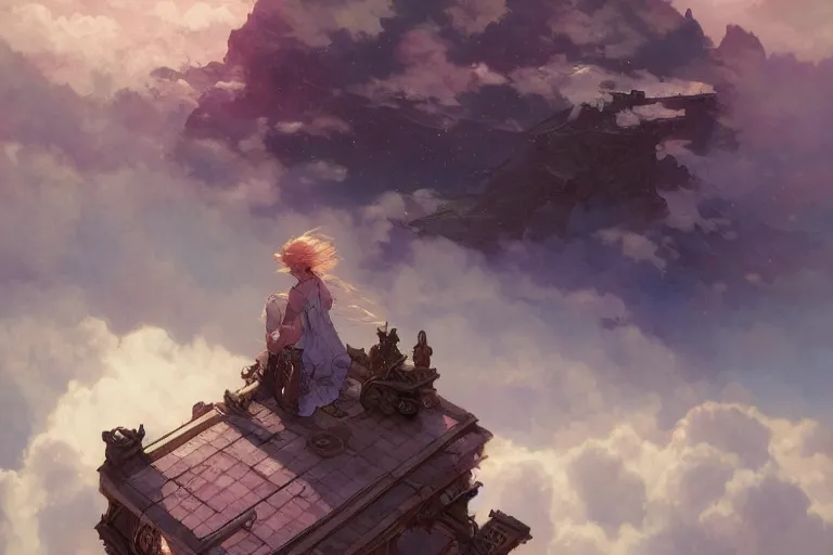 Prompt: a bed above the clouds and the stars, pastel sky, intricate, cinematic lighting, highly detailed, digital painting, artstation, concept art, smooth, sharp focus, illustration, art by Akihiko Yoshida, Greg Rutkowski and Alphonse Mucha