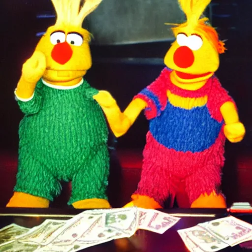 Prompt: Bert and Ernie spending dollar bills at the stripclub