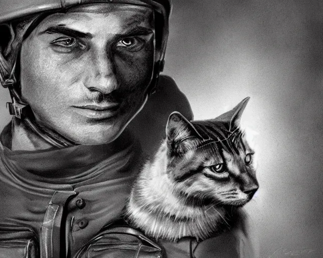 Image similar to A soldier talking to a cat in world war 1, close-up, realistic face, beautiful face detail, mature facial features, black and white, amazing digital art, hyper detailed, artstation, in the style of Tony Sart