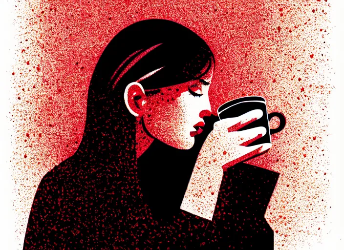 Image similar to portrait of a heroine drinking coffee, colorful,vivid, Mads Berg, Karolis Strautniekas,small finely stippled light, dramatic lighting,fine texutre, editorial illustration, detailed, matte print, dynamic composition,moody, cinematic, film grain,perspective