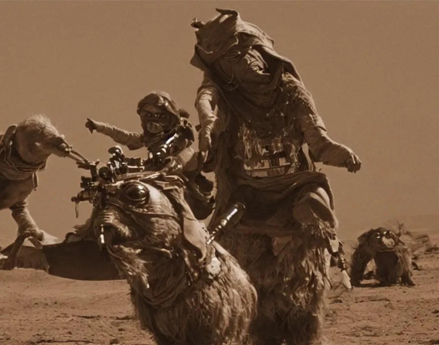 Image similar to Still from the original Star Wars of a Tusken raider riding a giant dachshund on Tatooine