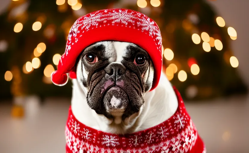 Image similar to studio photography of a dog wearing a christmas sweater, detailed face, cinematic lighting, 8 k