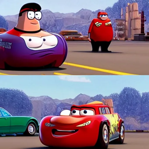 Prompt: peter griffin guest appearance in the movie cars 2