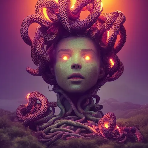 Image similar to beautiful dark landscape, highly detailed medusa gorgon head, beautiful flowers growing in the style of beeple and mike winkelmann, intricate, epic lighting, cinematic composition, hyper realistic, 8 k resolution, unreal engine 5,