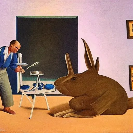 Image similar to A large rabbit performing an autopsy on a man lying on a metal table, mood lighting, ambient lighting painting by Rockwell Kent