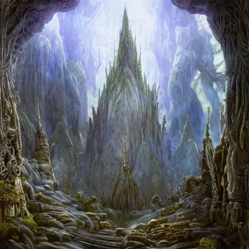 Image similar to a beautifully epic and insanely detailed oil painting of an elven temple deep in the misty mountains, secret valley, tall spires, beautiful trees, runes carved into the stone, intricate details, epic scale, insanely complex, 8 k, sharp focus, hyper realism, fantasy landscape, psychedelic, by caspar friedrich, brian froud, albert bierstadt,