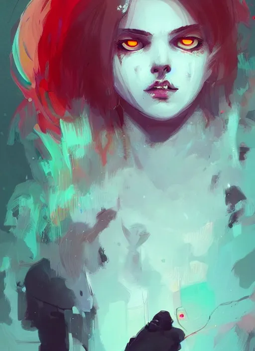 Image similar to highly detailed portrait of a ghost likely girl with neon red eyes, short white hair by atey ghailan, by greg rutkowski, by greg tocchini, by james gilleard, by joe fenton, by kaethe butcher, totally colorful, rainbow, neon coloring, dramatic lighting, chromatic, high contrast, trending in pinterest, award winning details