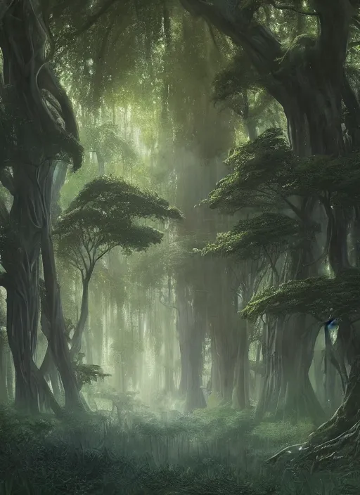 Image similar to A sacred grove, lush trees, a fantasy digital painting by Greg Rutkowski and James Gurney, trending on Artstation, highly detailed