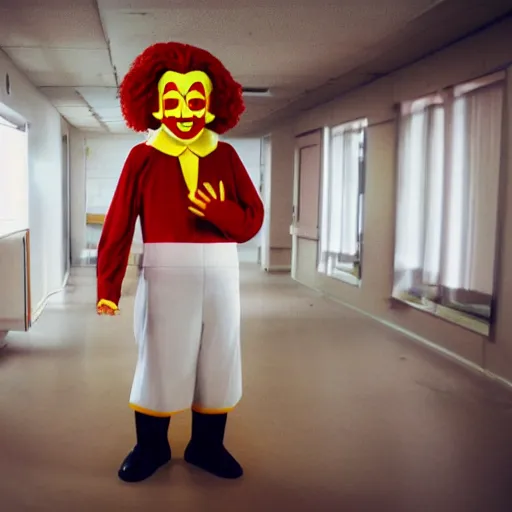 Image similar to ronald mcdonald in an abandoned hospital