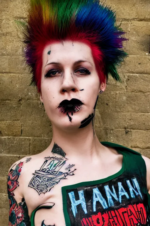 Image similar to upper body portrait hannah as a punk woman with green mohawk, covered in neotraditional style tattoos, wearing a bold tee shirt, flannel jacket, fishnets and a long tartan skirt, intimidating, max details, hyperrealistic, photorealistic, ultra - realistic, ultra - detailed, cinematic, 8 k resolution by alan lee