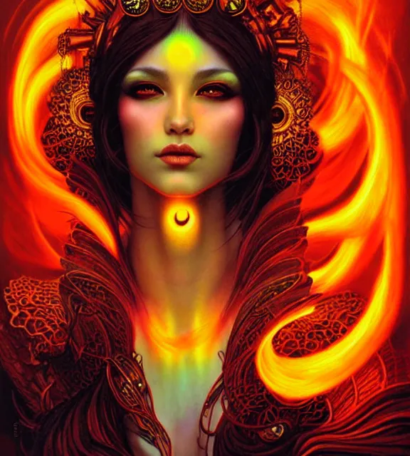 Prompt: fiery goddess, fluorescent tattoos, portrait, tarot card, digital art by artgerm and karol bak