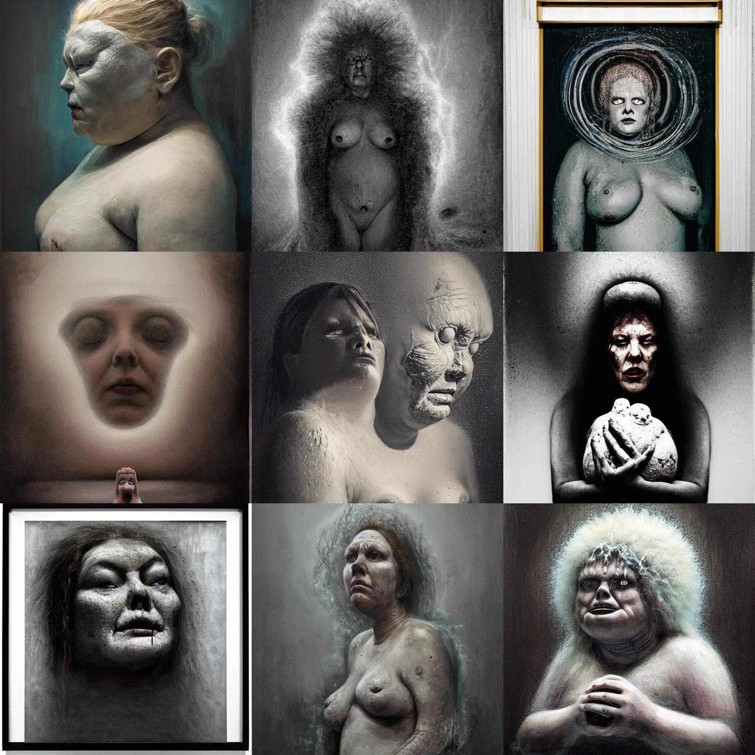 Prompt: portrait of big sumoringer as despair from sandman in a white void with empty frames all around her, venus of willendorf, by jeremy mann, by gregory crewdson, sad face, black hair, white room, soft lightning, high detailed, 8 k
